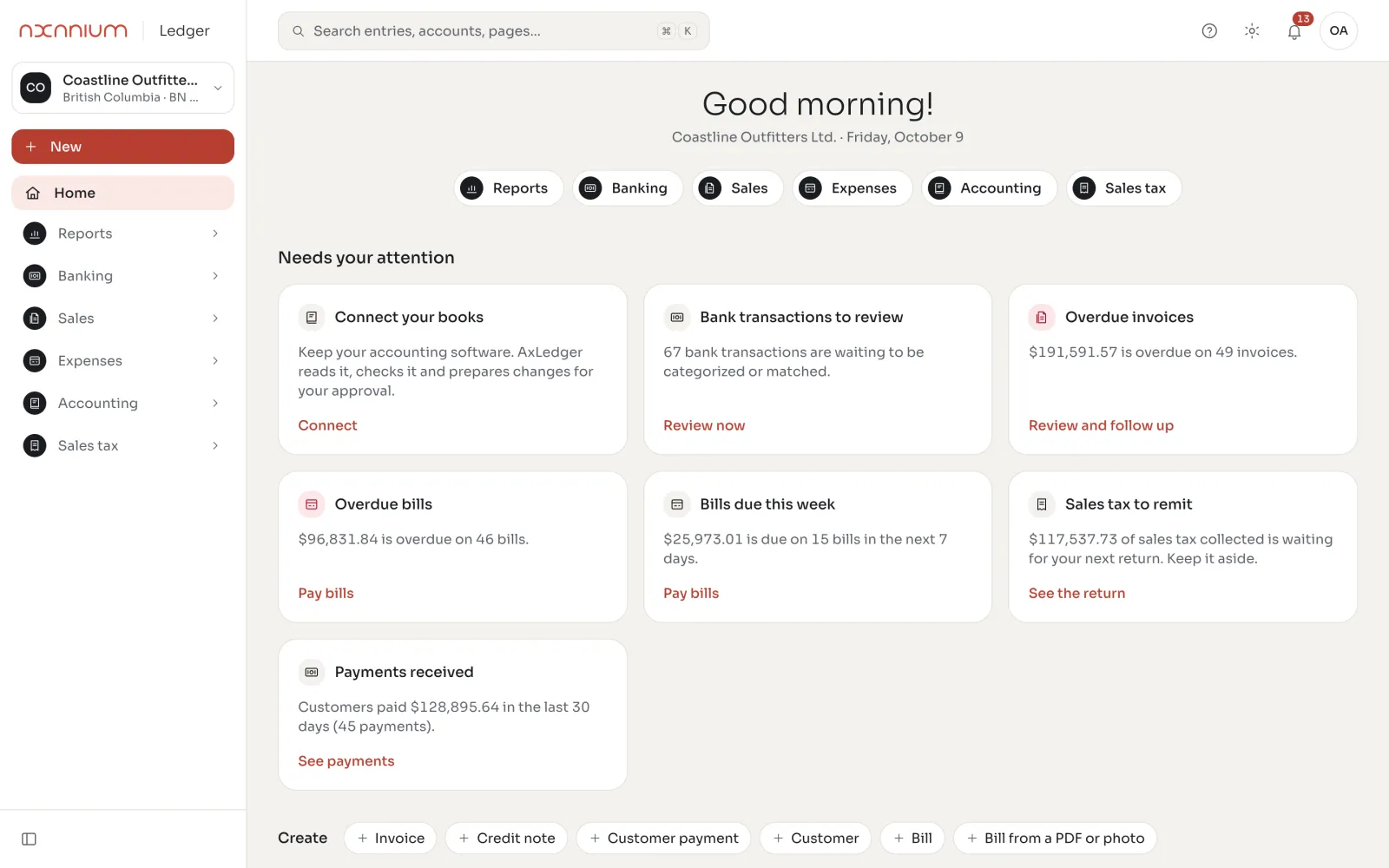 AxLedger home for Coastline Outfitters, a BC company: connect your books, bank transactions to review, overdue invoices, sales tax to remit