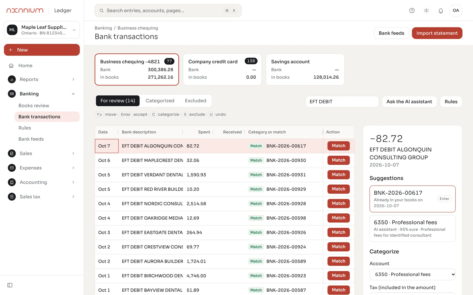 AxLedger bank lines matched to entries already in the books, with an AI suggestion 95% sure