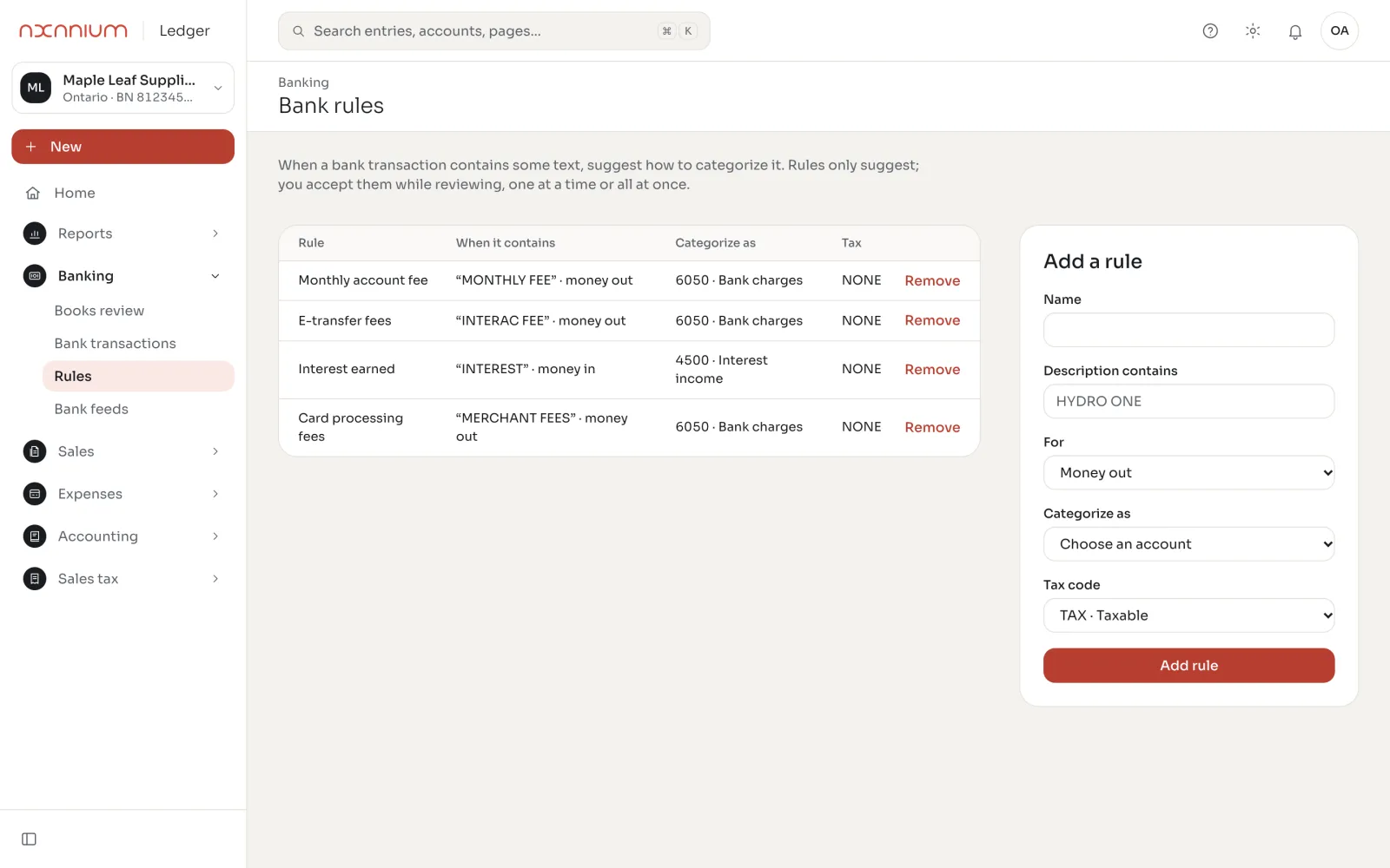 AxLedger bank rules that categorize recurring transactions