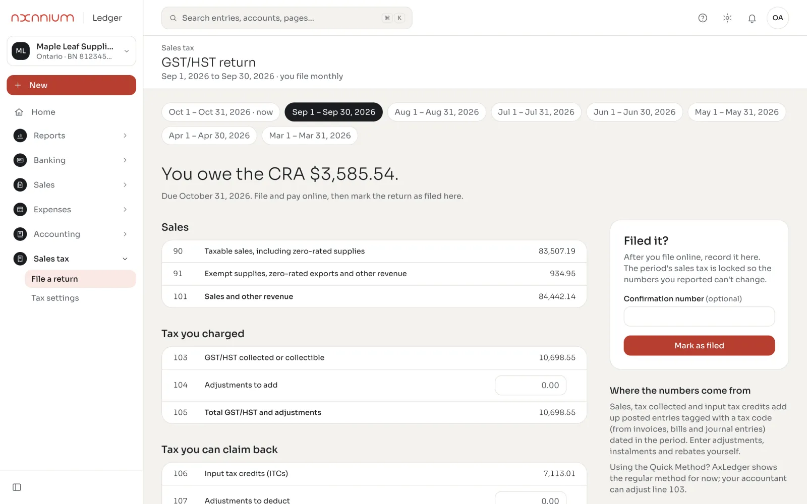 AxLedger GST/HST return with CRA line numbers, ready to file