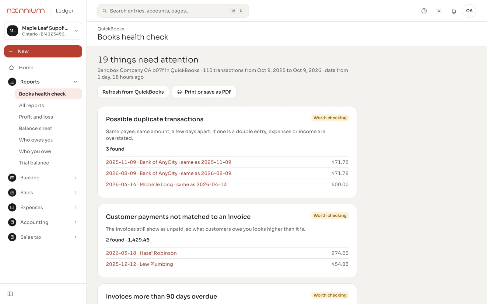Books health check of a QuickBooks Online file: duplicates, unmatched payments, overdue invoices