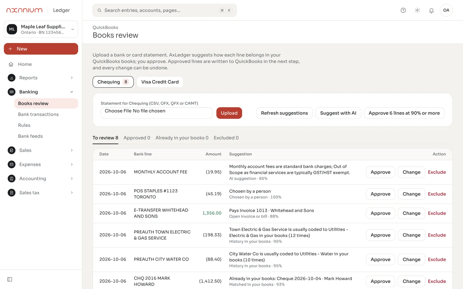 Books review of a connected QuickBooks Online company in AxLedger