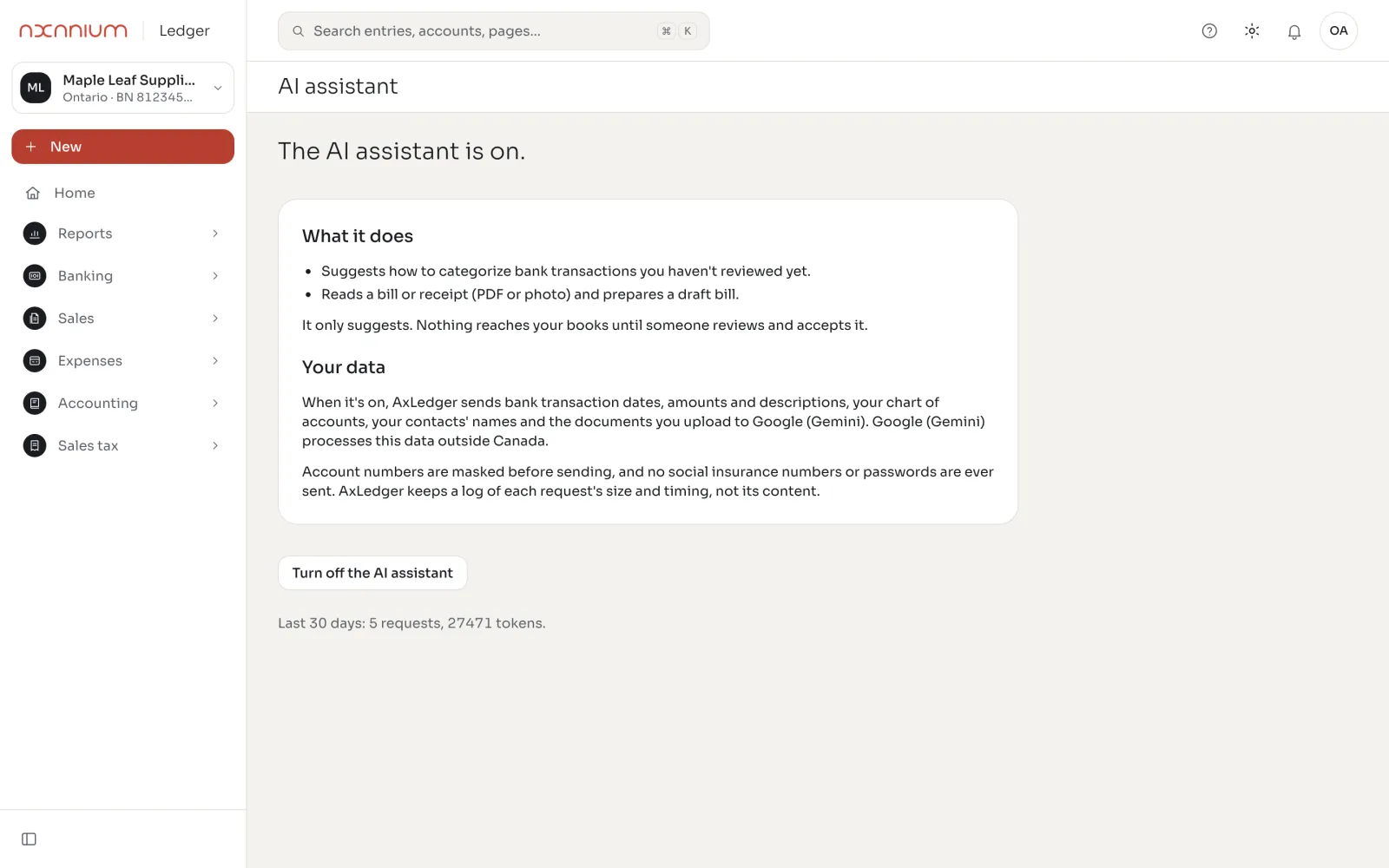 AxLedger AI assistant settings: it only suggests, nothing reaches the books until someone accepts it